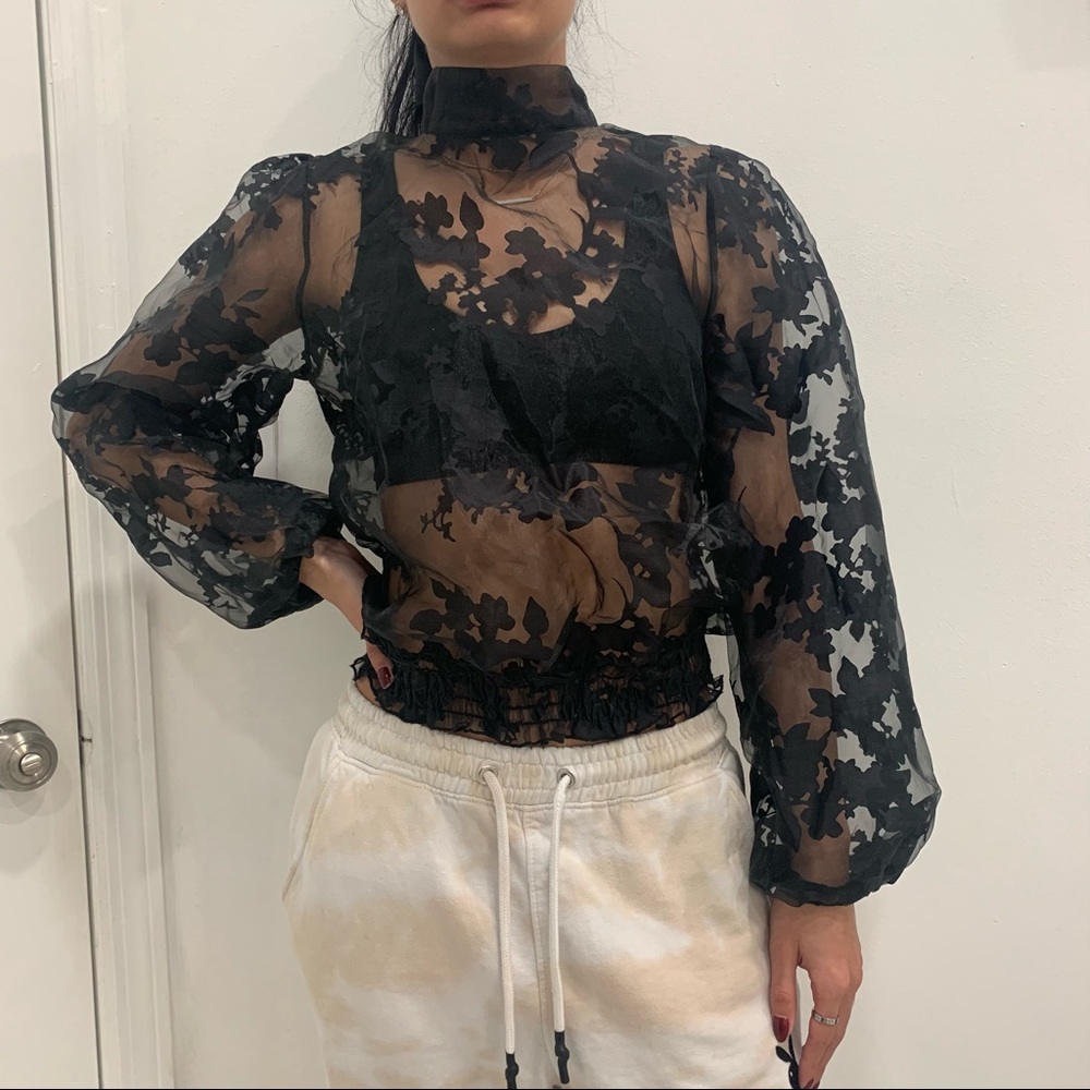 Black floral print mesh top